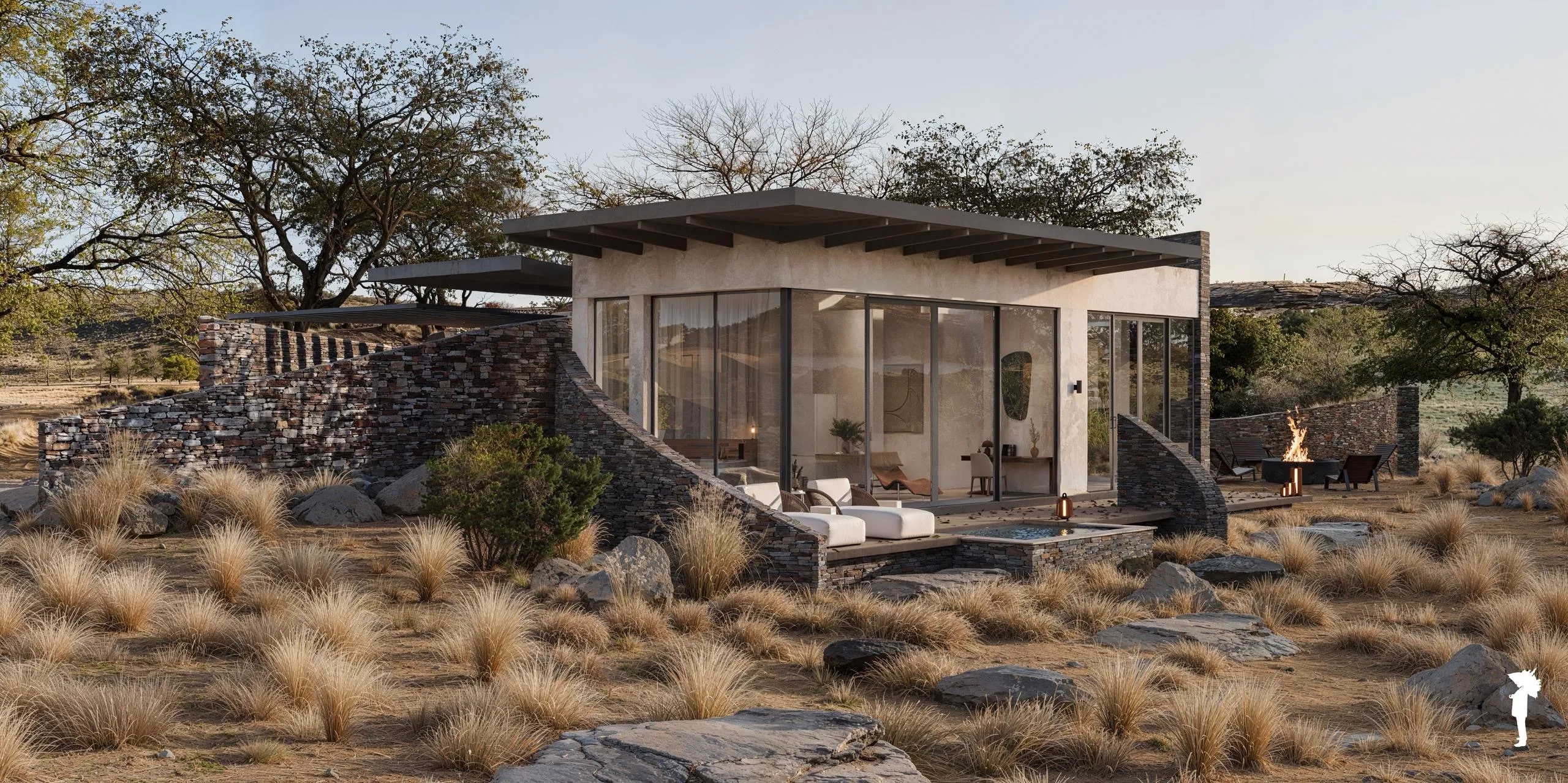 Ruben’s Villa with floor-to-ceiling glass among the rocks and grasses